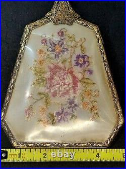 Antique 1900 Victorian Filigree Floral Bouquet Ornate Gold Tone Hand Mirror 12½