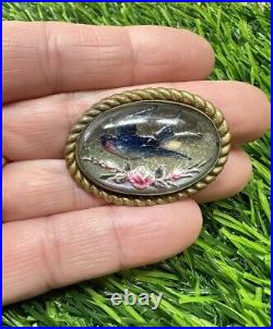 Antique 1900s Victorian Mourning Swallow Reverse Painted Bubble Glass Pin Brooch