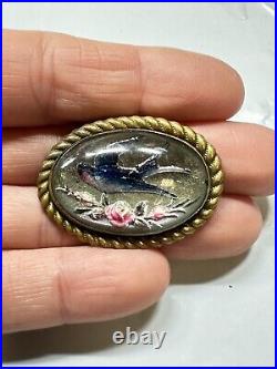 Antique 1900s Victorian Mourning Swallow Reverse Painted Bubble Glass Pin Brooch