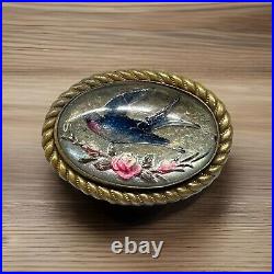 Antique 1900s Victorian Mourning Swallow Reverse Painted Bubble Glass Pin Brooch