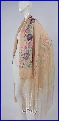 Antique 1920s Hand Painted Woven Shawl For Dress W Long Silk Fringe