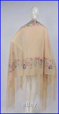 Antique 1920s Hand Painted Woven Shawl For Dress W Long Silk Fringe
