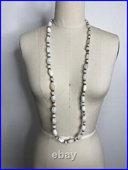 Antique 1920s White Agate Necklace Hand Knotted Cloth Cotton /metal Thread Long