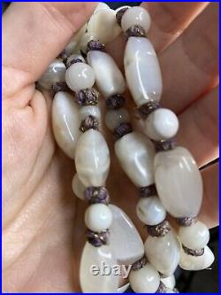 Antique 1920s White Agate Necklace Hand Knotted Cloth Cotton /metal Thread Long