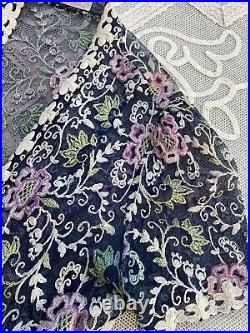 Antique 1930s Vionnet Paris Blue Net Dress Blouse Floral Hand Embroidery Vintage