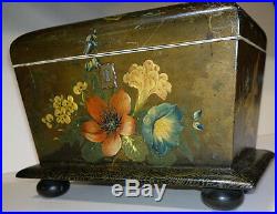 Antique 19thC Victorian Papier-Mâché Tea Caddy Box Floral Hand Painted