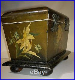 Antique 19thC Victorian Papier-Mâché Tea Caddy Box Floral Hand Painted