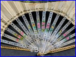 Antique 19th C Victorian Mother of Pearl & Gilded Brass with Jewels Hand Fan