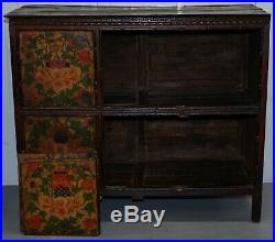 Antique 19th Century Hand Painted Tibetan Alter Cabinet Hand Carved Cedar Wood