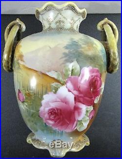 Antique 19th Century Nippon Hand Painted Footed Beaded Urn Vase Roses Handles