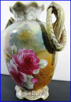 Antique 19th Century Nippon Hand Painted Footed Beaded Urn Vase Roses Handles
