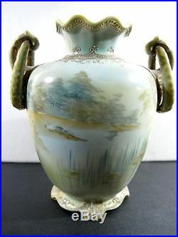 Antique 19th Century Nippon Hand Painted Footed Beaded Urn Vase Roses Handles