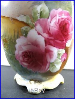 Antique 19th Century Nippon Hand Painted Footed Beaded Urn Vase Roses Handles