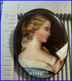 Antique 19th Century Victorian Cameo Brooch Pin Hand Painted Portrait Lady Read