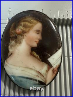 Antique 19th Century Victorian Cameo Brooch Pin Hand Painted Portrait Lady Read