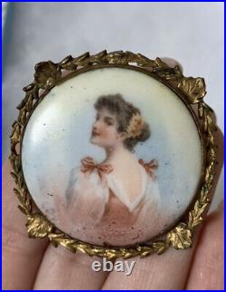 Antique 19th brooch Hand Painted Women In Gold Victorian Vary Rare