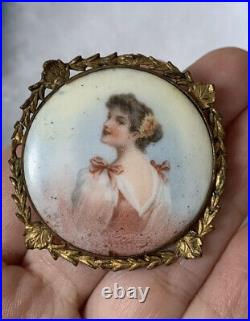 Antique 19th brooch Hand Painted Women In Gold Victorian Vary Rare