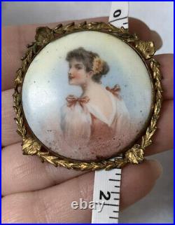 Antique 19th brooch Hand Painted Women In Gold Victorian Vary Rare