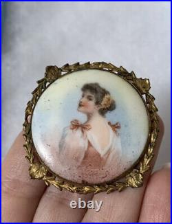 Antique 19th brooch Hand Painted Women In Gold Victorian Vary Rare