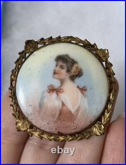 Antique 19th brooch Hand Painted Women In Gold Victorian Vary Rare