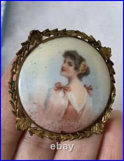 Antique 19th brooch Hand Painted Women In Gold Victorian Vary Rare