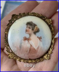 Antique 19th brooch Hand Painted Women In Gold Victorian Vary Rare