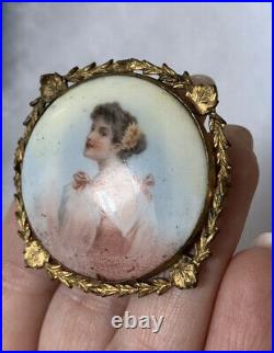 Antique 19th brooch Hand Painted Women In Gold Victorian Vary Rare