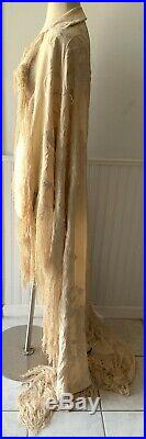 Antique 19th c. Hand Embroidered 82 x 65 Victorian Silk Piano Shawl with Tassels