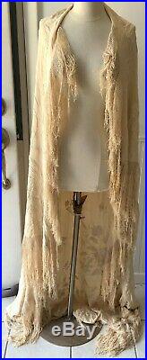 Antique 19th c. Hand Embroidered 82 x 65 Victorian Silk Piano Shawl with Tassels