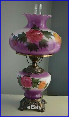 Antique 3 Way Hand Painted Purple Floral Gone With the Wind Table Lamp