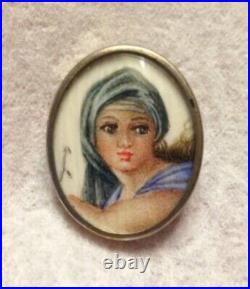 Antique 800 Silver Hand Painted Michelangelo's Delphic Sybil Sistine Chapel Girl