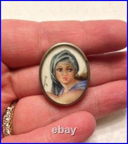 Antique 800 Silver Hand Painted Michelangelo's Delphic Sybil Sistine Chapel Girl