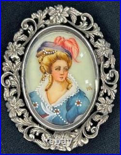 Antique 800 Sterling Silver Hand-Painted Portrait Brooch Pendant Victorian Woman