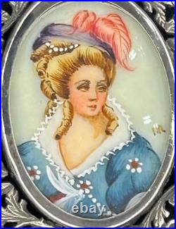 Antique 800 Sterling Silver Hand-Painted Portrait Brooch Pendant Victorian Woman