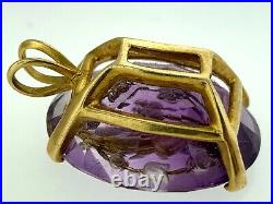 Antique Amethyst 16 Cts. Pendant with 12 Rose Cut Diamonds in 14K Yellow Gold