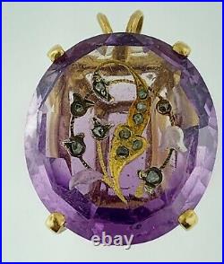 Antique Amethyst 16 Cts. Pendant with 12 Rose Cut Diamonds in 14K Yellow Gold