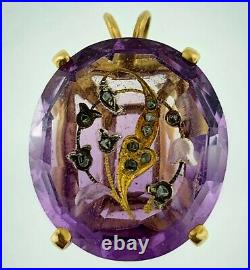 Antique Amethyst 16 Cts. Pendant with 12 Rose Cut Diamonds in 14K Yellow Gold