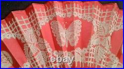 Antique BUTTERFLY MOTIF Handmade Lace Mother-of-Pearl Sticks Hand Fan