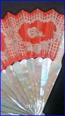 Antique BUTTERFLY MOTIF Handmade Lace Mother-of-Pearl Sticks Hand Fan