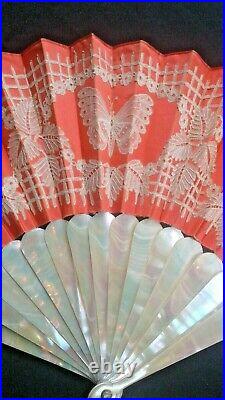 Antique BUTTERFLY MOTIF Handmade Lace Mother-of-Pearl Sticks Hand Fan