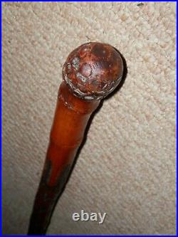 Antique Bamboo Walking Stick With Root Ball Top And Hand-Carved Floral Shaft