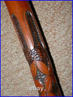 Antique Bamboo Walking Stick With Root Ball Top And Hand-Carved Floral Shaft