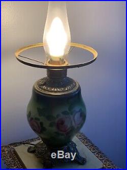 Antique Banquet Lamp Hand Painted Roses GWTW Gone with the Wind Glass Lamp