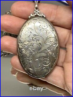 Antique Birks Victorian Sterling Silver Hand Engraved Locket 2.25 With Chain 925