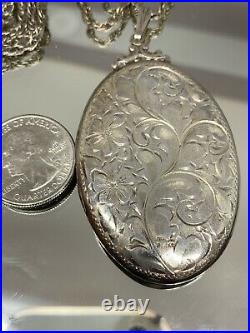 Antique Birks Victorian Sterling Silver Hand Engraved Locket 2.25 With Chain 925