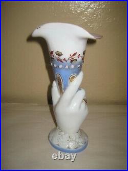 Antique Blown Glass Vase Hand Holding Cornucopia Hand Painted With Flowers 9