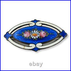 Antique Blue White Guilloche Hand Painted Flower Brooch Pin Signed H Triangle
