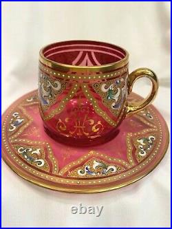 Antique Bohemian MOSER Cranberry Glass Hand Painted Gilt Enamel Cup & Saucer