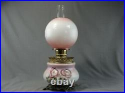 Antique Brass Fostoria Glass Co. GWTW Hand Painted Floral Oil Lamp Pink Purple