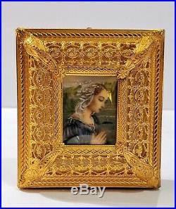 Antique Bronze Dore Miniature Hand Painted Madonna Mary Portrait Reuge Music Box